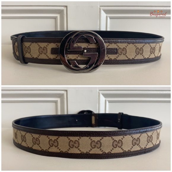 Authentic GUCCI Brown Monogram Canvas Silver Interlocking G Buckle Belt 90/36 - Picture 5 of 14